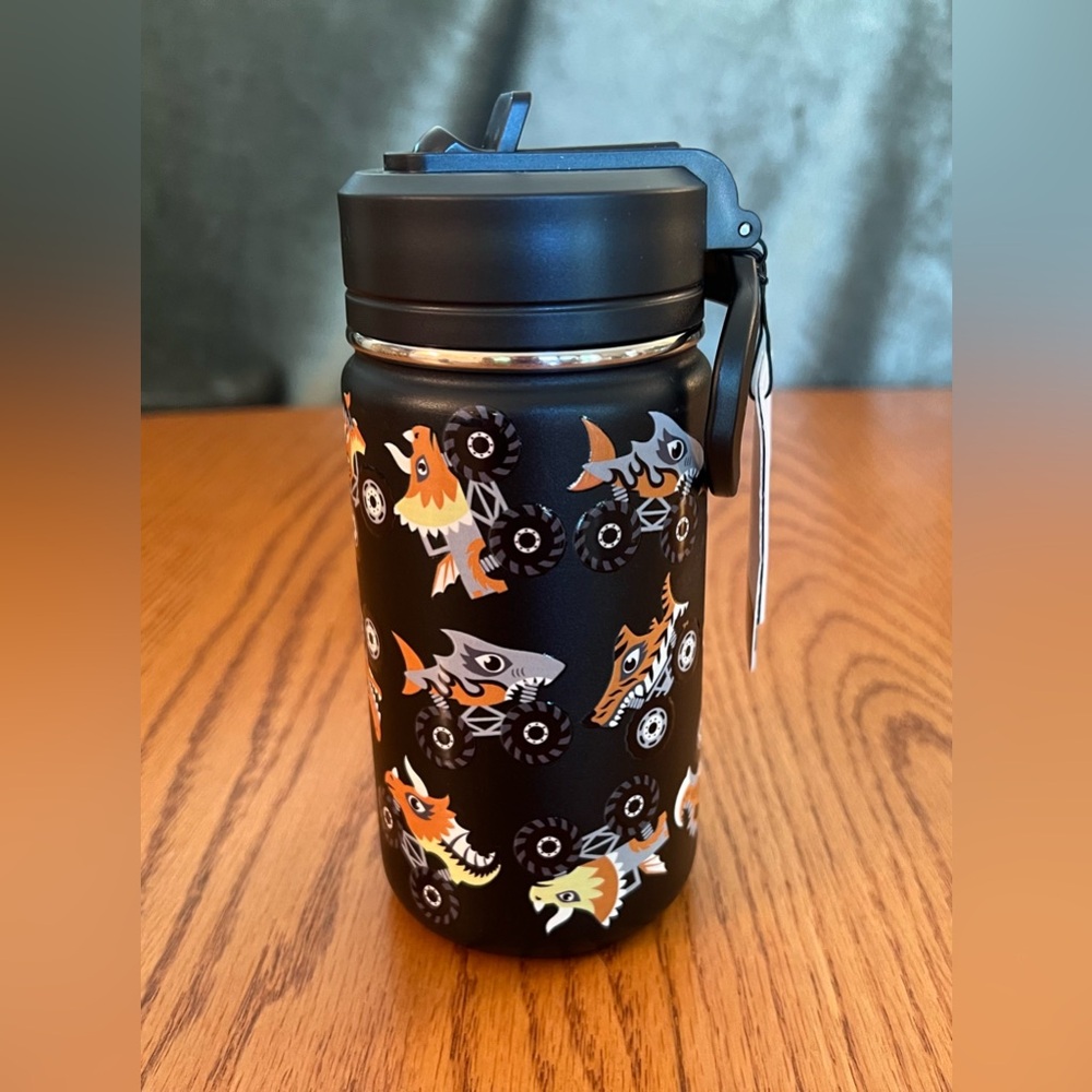 Hydrapeak 14 oz Black Dinosaur Monster Trucks Water Bottle